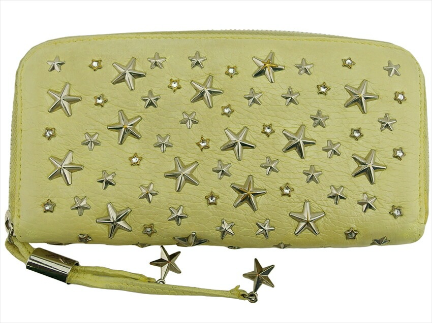 長財布 ラウンドファスナー 財布 スタースタッズ レディース ラインストーン付き イエロー シルバー ゴールド 中古