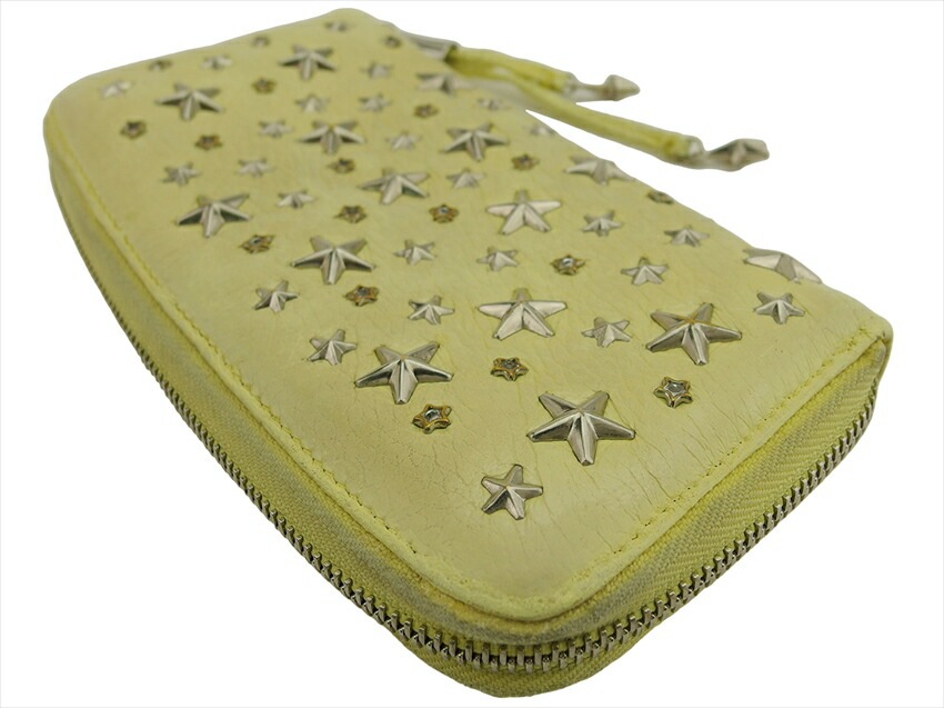 長財布 ラウンドファスナー 財布 スタースタッズ レディース ラインストーン付き イエロー シルバー ゴールド 中古