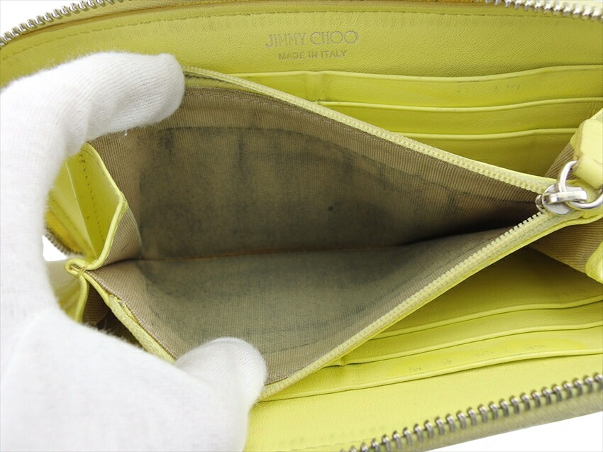 長財布 ラウンドファスナー 財布 スタースタッズ レディース ラインストーン付き イエロー シルバー ゴールド 中古