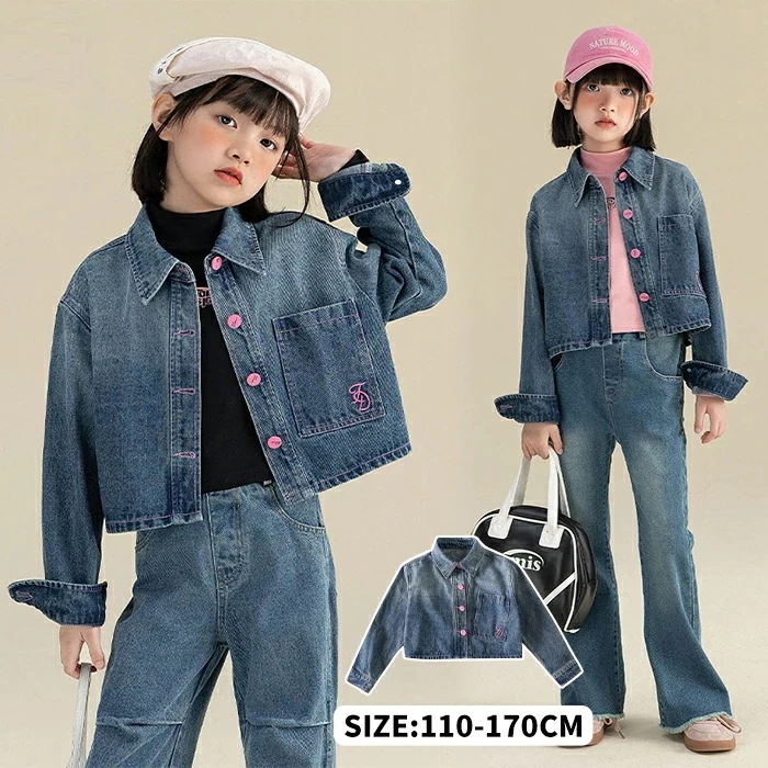 デニムジャケット キッズ デニム ジャケット シャツジャケット ジャンパー Gジャン 長袖 女の子 ミドル丈 上着 女児 防風 春 秋 冬 秋冬用 春秋用 通園 通学 入学 男女兼用 アウター おしゃ