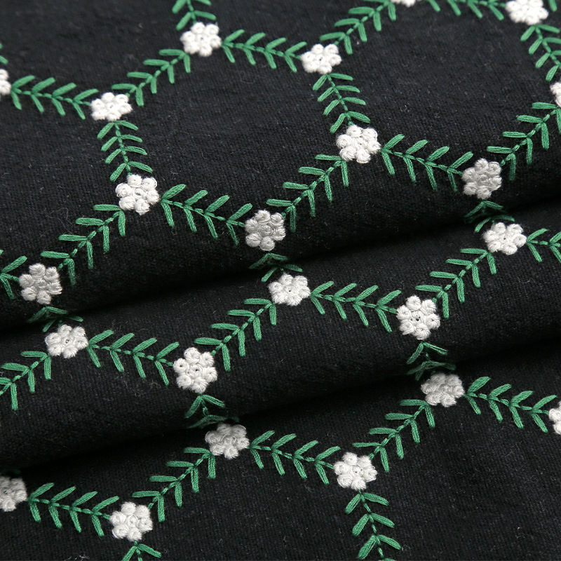 夏季新品限定幅120cm 90cm単位 生地 布 綿麻生地 刺繍生地 花柄 六角形 手芸 裁縫 DIY 黒 カーキグ