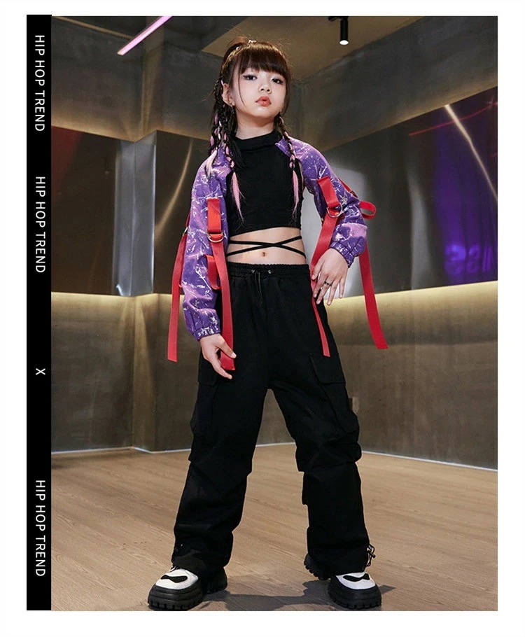 紫 キッズダンス ダンス衣装 ヒップホップ 女の子 シルバー パープル 片袖 長袖 黒 タンクトップ へそ出し カーゴパンツ ズボン ストリート ジャッズ 普段着 団体服 スポーツ風 ダンスウェア 発