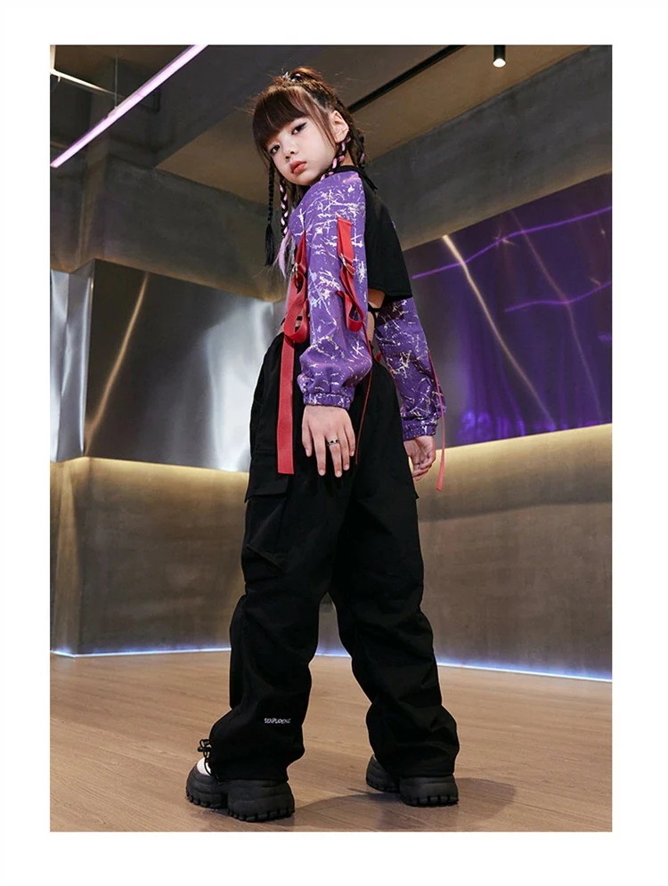 紫 キッズダンス ダンス衣装 ヒップホップ 女の子 シルバー パープル 片袖 長袖 黒 タンクトップ へそ出し カーゴパンツ ズボン ストリート ジャッズ 普段着 団体服 スポーツ風 ダンスウェア 発