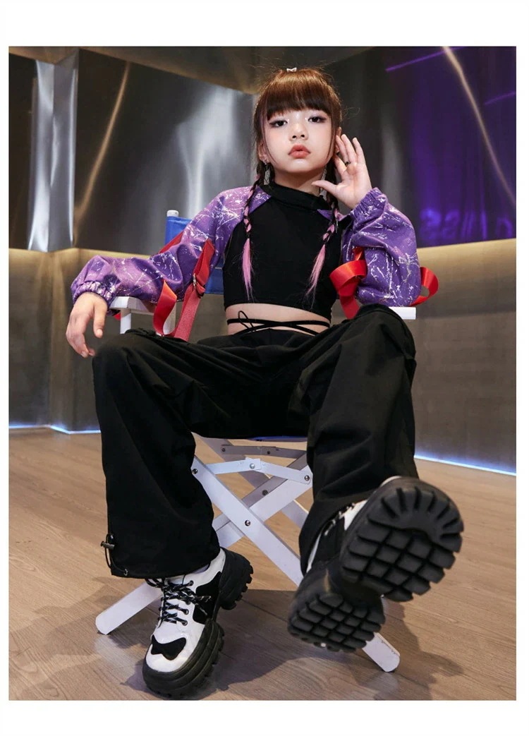 紫 キッズダンス ダンス衣装 ヒップホップ 女の子 シルバー パープル 片袖 長袖 黒 タンクトップ へそ出し カーゴパンツ ズボン ストリート ジャッズ 普段着 団体服 スポーツ風 ダンスウェア 発