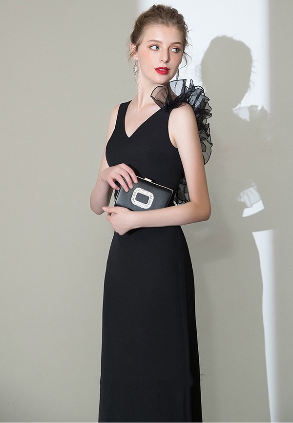 ロングドレス 演奏会 黒 マーメイドライン パーティードレス ロング丈 演奏会用 ピアノ発表会 舞台衣装 ステージドレス セレモニー フォーマルドレス ノースリーブ オールシーズン 大きいサイズ Vネ