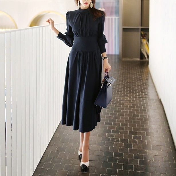 新作 春 ハイエンド 長袖 パフスリーブ ビッグフレア ワンピース スタンドカラー ハイウエスト