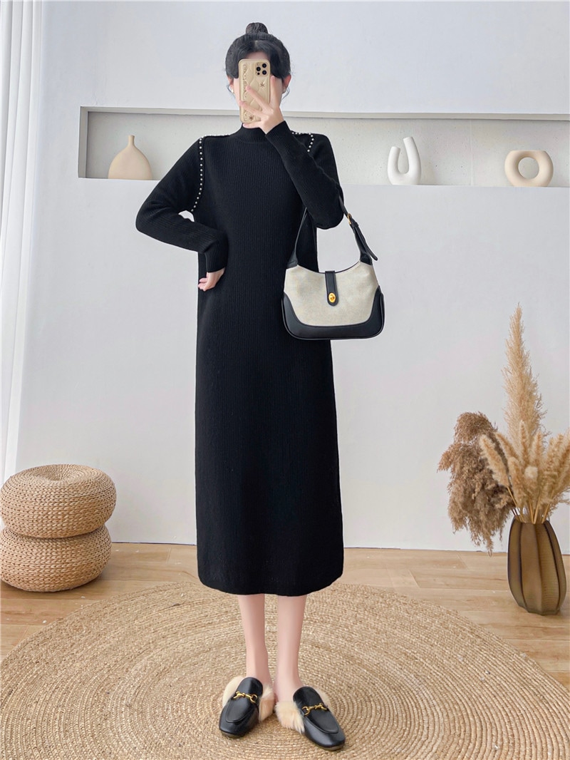 女性の気質 長いセクション スリムフィット ハイネック ニットワンピースH295B4