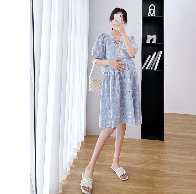 【日本未発売/送料無料】マタニティ ワンピース パール 刺しゅう パフスリーブ 花柄 フラワー