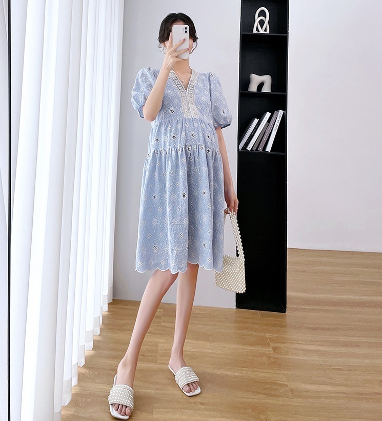 【日本未発売/送料無料】マタニティ ワンピース パール 刺しゅう パフスリーブ 花柄 フラワー