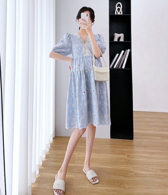 【日本未発売/送料無料】マタニティ ワンピース パール 刺しゅう パフスリーブ 花柄 フラワー