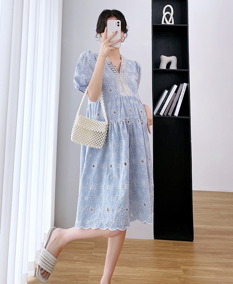 【日本未発売/送料無料】マタニティ ワンピース パール 刺しゅう パフスリーブ 花柄 フラワー