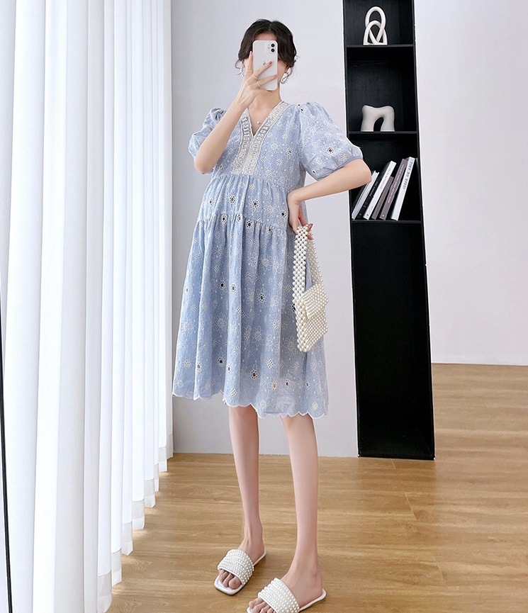 【日本未発売/送料無料】マタニティ ワンピース パール 刺しゅう パフスリーブ 花柄 フラワー