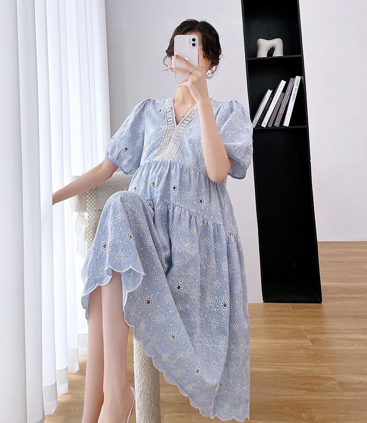 【日本未発売/送料無料】マタニティ ワンピース パール 刺しゅう パフスリーブ 花柄 フラワー