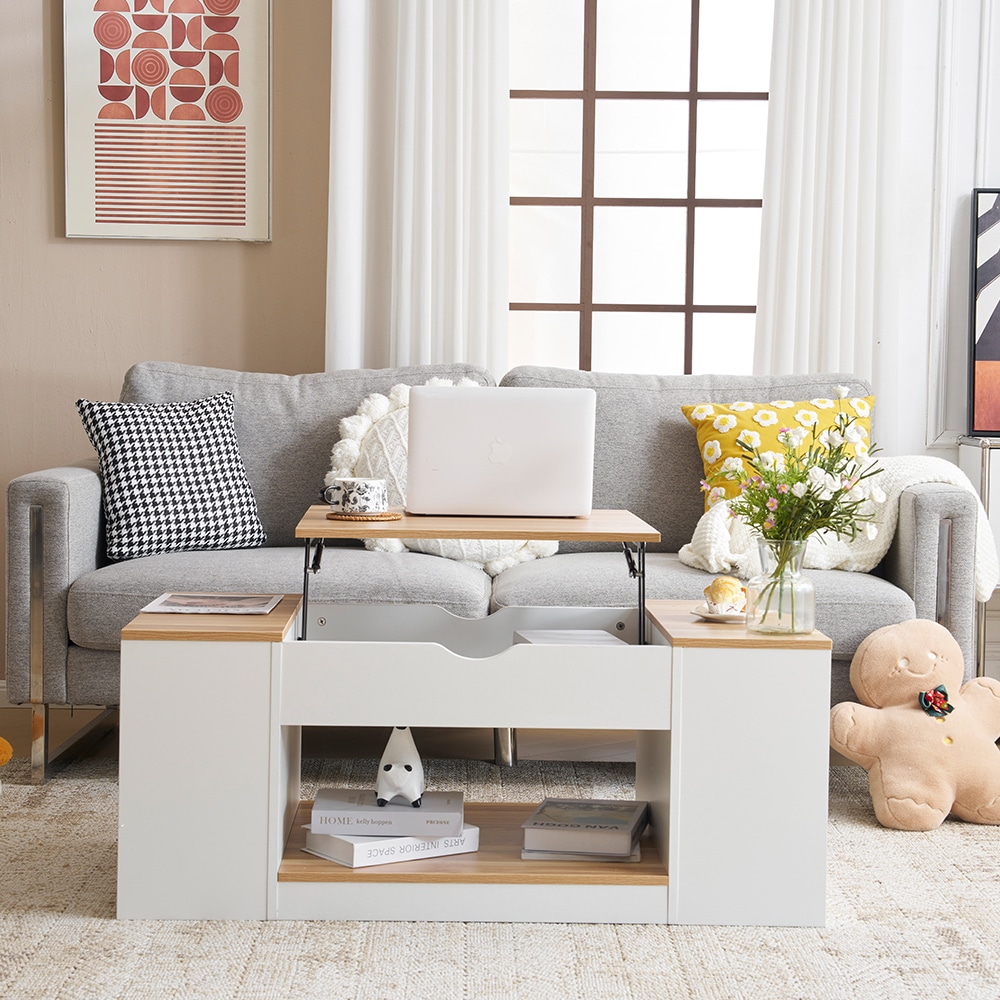 昇降テーブル 収納付き 幅110CM Beige+White Stripes 昇降テーブル 昇降テーブル 収納付き 幅110CM Beige+White Stripes 昇降テーブル