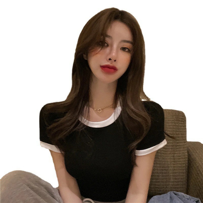 レディース 夏 新作 トップス 半袖 カットソー ショートトップス Tシャツ ショート丈 無地 Uネック 短め 無地tシャツ 伸縮性 通勤 OL