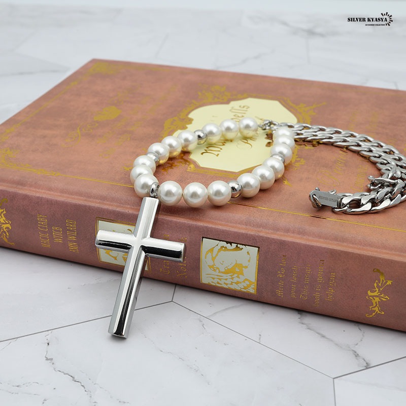 喜平パールチェーンネックレス クロス [n448-silver]