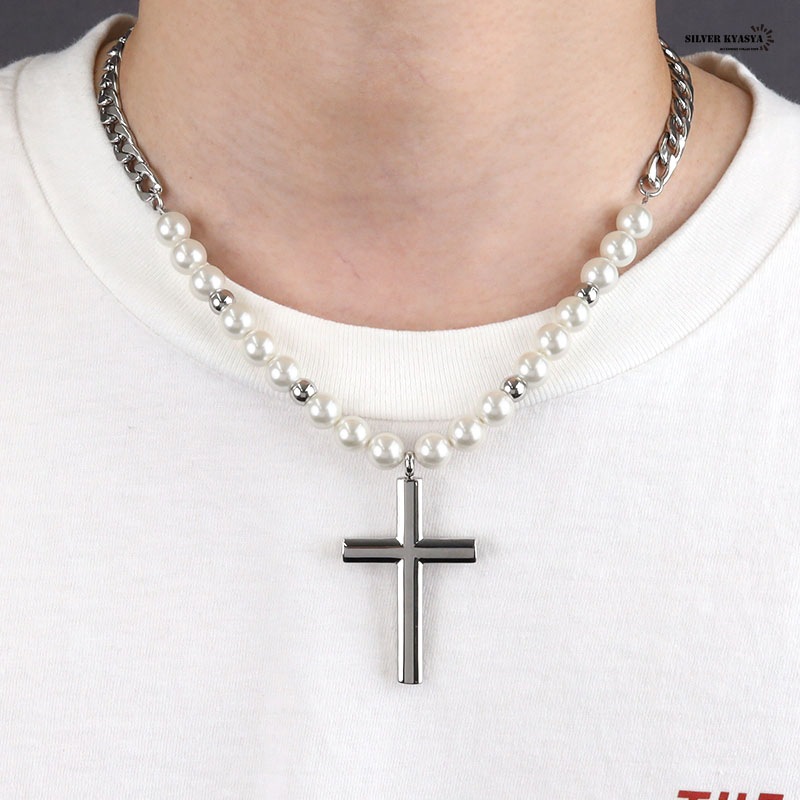 喜平パールチェーンネックレス クロス [n448-silver]