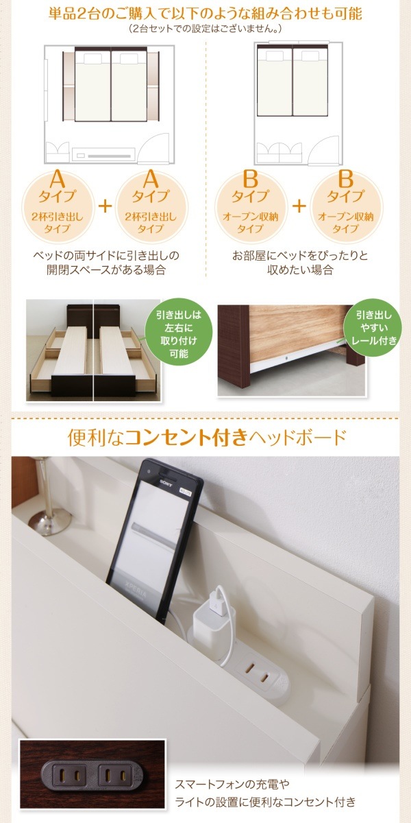 [組立設置付]壁付けできる 国産ファミリー連結収納ベッド [テネレッツァ] スタンダードポケットコイルマットレス付 Bタイプ セミダブル [フレーム]ナチュラル