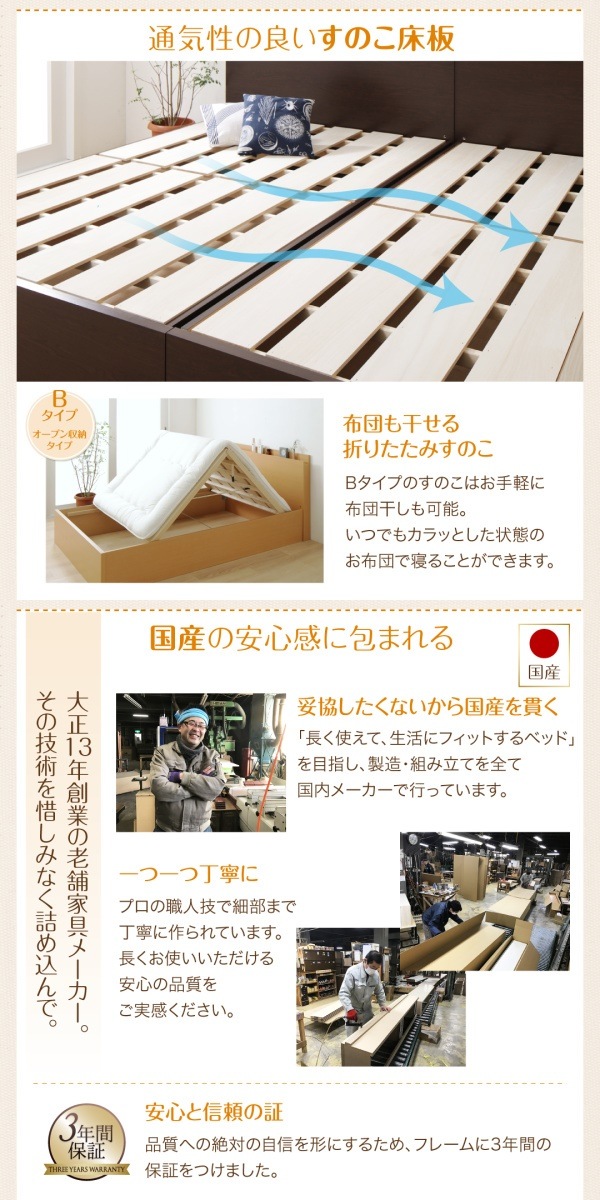 [組立設置付]壁付けできる 国産ファミリー連結収納ベッド [テネレッツァ] スタンダードポケットコイルマットレス付 Bタイプ セミダブル [フレーム]ナチュラル
