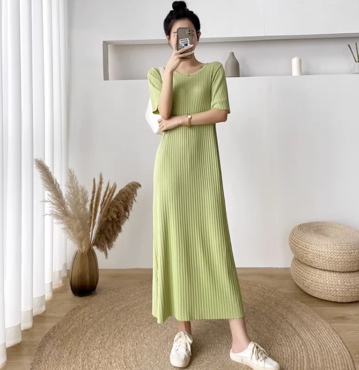 ワンピース ワンピドレス ロング ロング丈 袖あり 半袖 ラウンドネック 襟なし セミフレア Aライン ハイウエスト リブ リブニット かわいい 大人可愛い シンプル おしゃれ アジアン エスニック