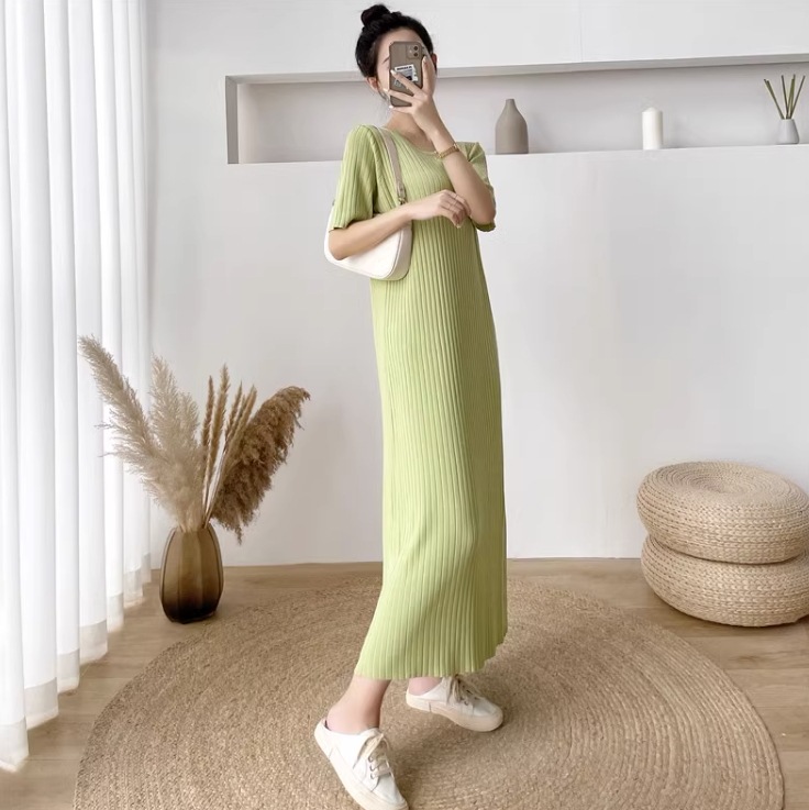 ワンピース ワンピドレス ロング ロング丈 袖あり 半袖 ラウンドネック 襟なし セミフレア Aライン ハイウエスト リブ リブニット かわいい 大人可愛い シンプル おしゃれ アジアン エスニック