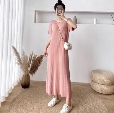 ワンピース ワンピドレス ロング ロング丈 袖あり 半袖 ラウンドネック 襟なし セミフレア Aライン ハイウエスト リブ リブニット かわいい 大人可愛い シンプル おしゃれ アジアン エスニック