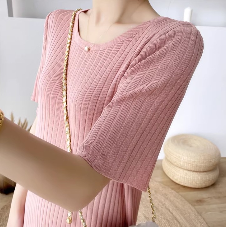 ワンピース ワンピドレス ロング ロング丈 袖あり 半袖 ラウンドネック 襟なし セミフレア Aライン ハイウエスト リブ リブニット かわいい 大人可愛い シンプル おしゃれ アジアン エスニック