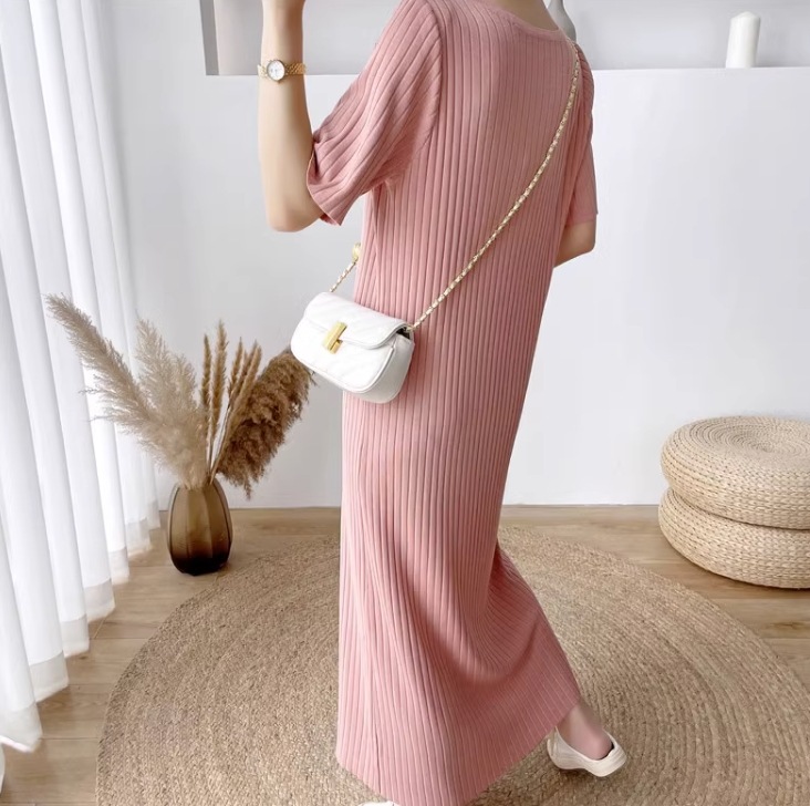 ワンピース ワンピドレス ロング ロング丈 袖あり 半袖 ラウンドネック 襟なし セミフレア Aライン ハイウエスト リブ リブニット かわいい 大人可愛い シンプル おしゃれ アジアン エスニック