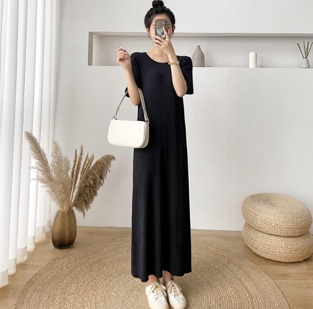 ワンピース ワンピドレス ロング ロング丈 袖あり 半袖 ラウンドネック 襟なし セミフレア Aライン ハイウエスト リブ リブニット かわいい 大人可愛い シンプル おしゃれ アジアン エスニック