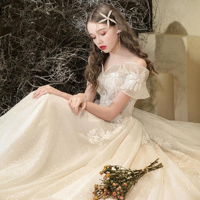 ウェディングドレス 花嫁 二次会 ウエディングドレス 結婚式 ロングドレス Aラインドレス オフショルダー トレーン 海外挙式 披露宴 ブライダル 編み上げ 華やか-525