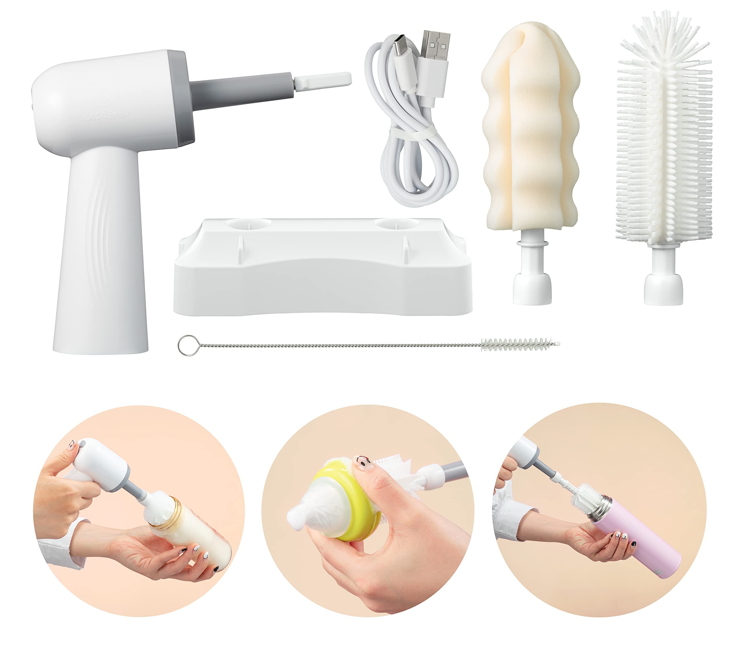 【出産祝い】楽々哺乳びん洗い ママ用出産祝い 電動哺乳びんブラシ 手首の負担軽減 時短 奥までしっかり洗浄 USB充電式 ほにゅうびんブラシ シリコンブラシ スポンジブラシ 電動ボトルブラシ ドドベベ