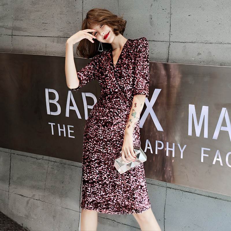 パーティードレス ミモレ丈 膝丈 カッコイイ キラキラ 個性的 袖あり パープル タイト 結婚式 二次会 お呼ばれ ドレス フォーマル 演奏会 ピアノ 発表会 ドレス ワンピース 大人 きれいめ カシ