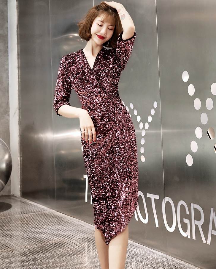 パーティードレス ミモレ丈 膝丈 カッコイイ キラキラ 個性的 袖あり パープル タイト 結婚式 二次会 お呼ばれ ドレス フォーマル 演奏会 ピアノ 発表会 ドレス ワンピース 大人 きれいめ カシ