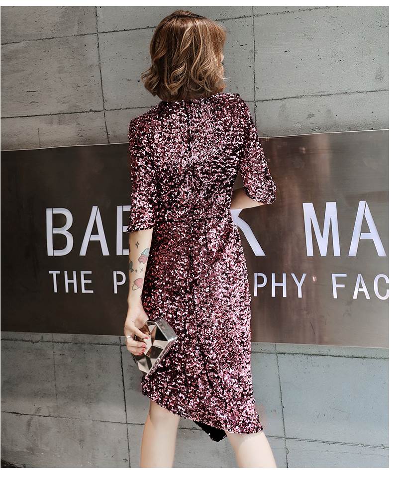 パーティードレス ミモレ丈 膝丈 カッコイイ キラキラ 個性的 袖あり パープル タイト 結婚式 二次会 お呼ばれ ドレス フォーマル 演奏会 ピアノ 発表会 ドレス ワンピース 大人 きれいめ カシ