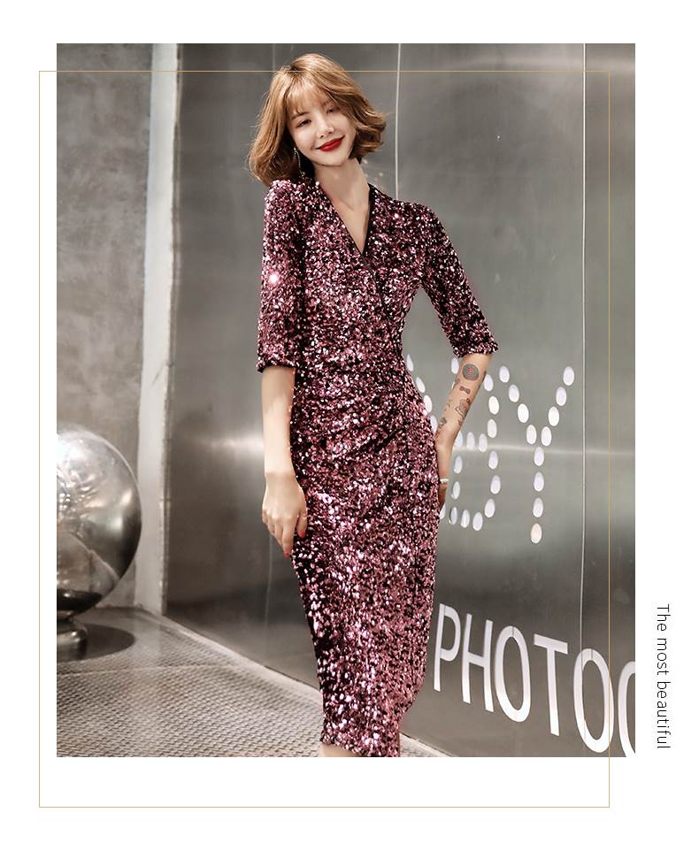 パーティードレス ミモレ丈 膝丈 カッコイイ キラキラ 個性的 袖あり パープル タイト 結婚式 二次会 お呼ばれ ドレス フォーマル 演奏会 ピアノ 発表会 ドレス ワンピース 大人 きれいめ カシ