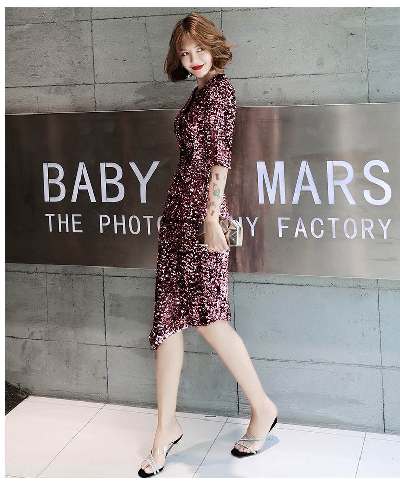 パーティードレス ミモレ丈 膝丈 カッコイイ キラキラ 個性的 袖あり パープル タイト 結婚式 二次会 お呼ばれ ドレス フォーマル 演奏会 ピアノ 発表会 ドレス ワンピース 大人 きれいめ カシ