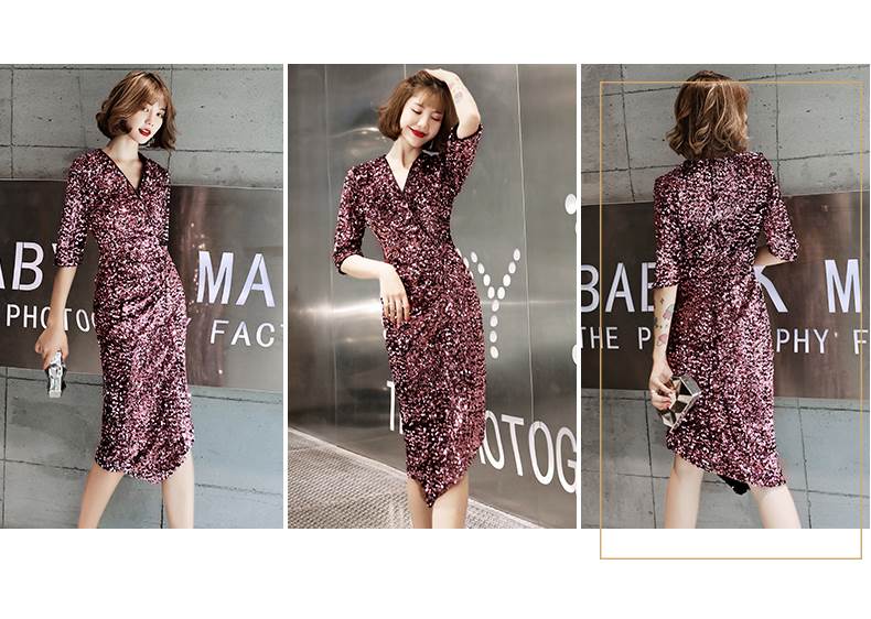 パーティードレス ミモレ丈 膝丈 カッコイイ キラキラ 個性的 袖あり パープル タイト 結婚式 二次会 お呼ばれ ドレス フォーマル 演奏会 ピアノ 発表会 ドレス ワンピース 大人 きれいめ カシ