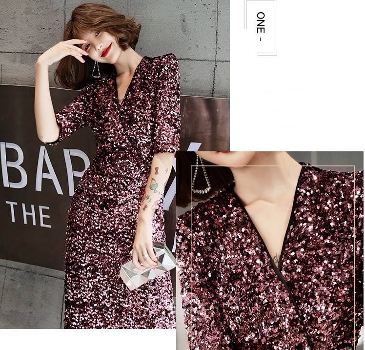 パーティードレス ミモレ丈 膝丈 カッコイイ キラキラ 個性的 袖あり パープル タイト 結婚式 二次会 お呼ばれ ドレス フォーマル 演奏会 ピアノ 発表会 ドレス ワンピース 大人 きれいめ カシ