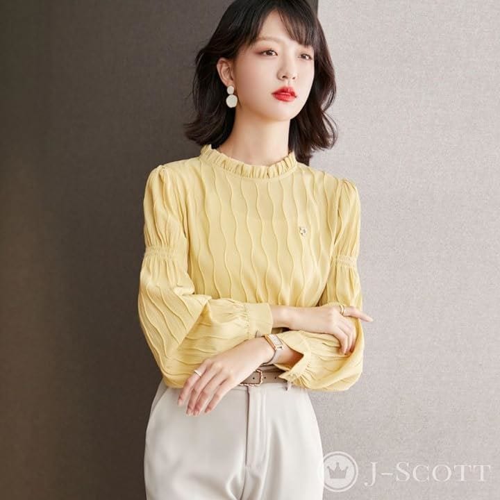 波柄ブラウス ミニブローチ付き 凹凸生地 デザイン袖 フリルネック パフスリーブ 長袖 レディース(イエロー, 2XL)