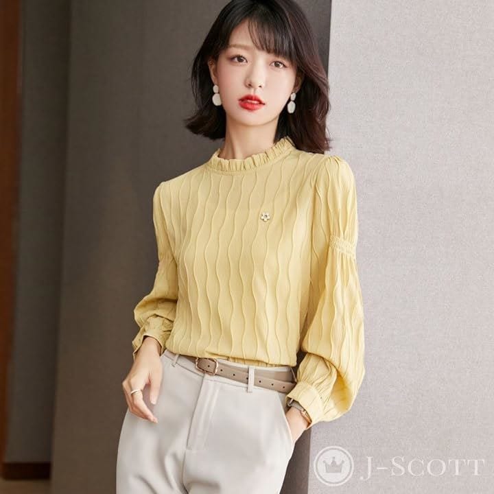 波柄ブラウス ミニブローチ付き 凹凸生地 デザイン袖 フリルネック パフスリーブ 長袖 レディース(イエロー, 2XL)