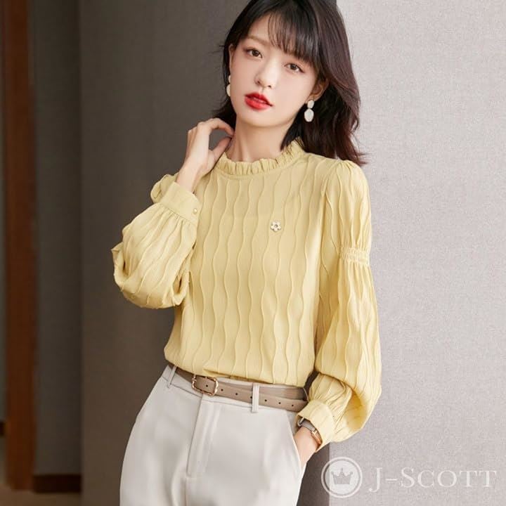 波柄ブラウス ミニブローチ付き 凹凸生地 デザイン袖 フリルネック パフスリーブ 長袖 レディース(イエロー, 2XL)
