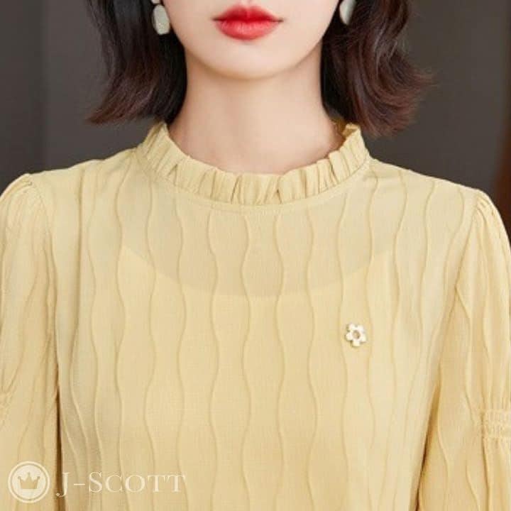 波柄ブラウス ミニブローチ付き 凹凸生地 デザイン袖 フリルネック パフスリーブ 長袖 レディース(イエロー, 2XL)