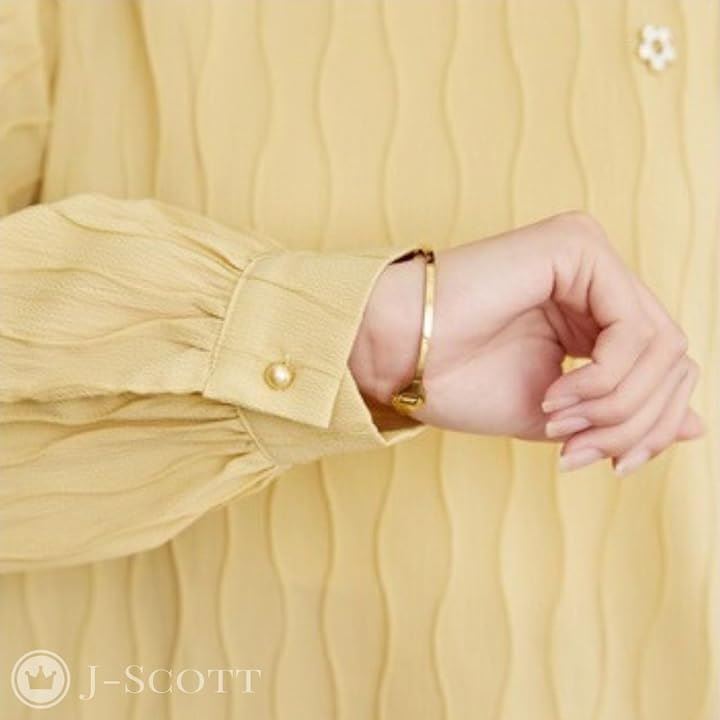 波柄ブラウス ミニブローチ付き 凹凸生地 デザイン袖 フリルネック パフスリーブ 長袖 レディース(イエロー, 2XL)