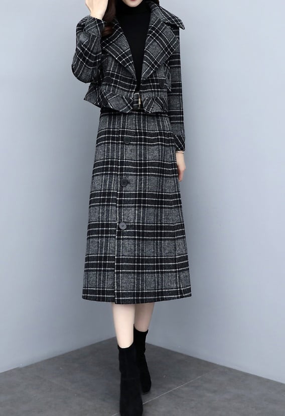 セットアップ ジャケット 上着 2点セット スーツ クロップ丈 ショート丈 ジャケット チェック柄 レトロ Aライン スカート ミモレ丈 膝上 袖あり 長袖 上下セット 2点セット ツーピース lsu