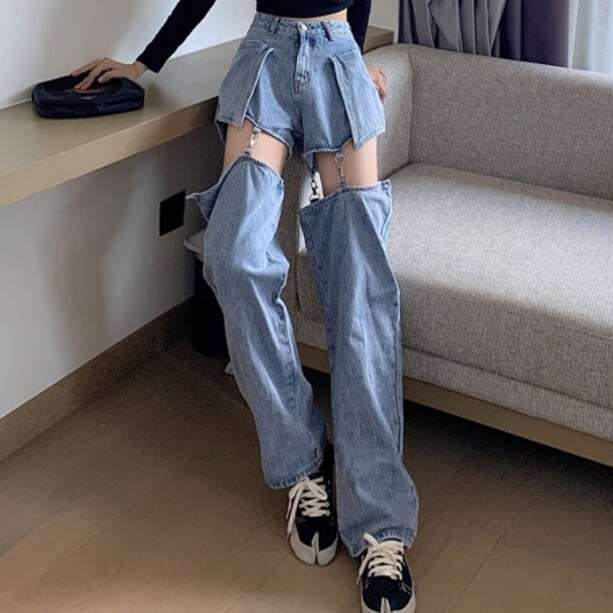 レディース ボトムス デニム ダメージ クラッシュ セパレート チェーン 変形 取り外し可能 肌見せ セクシー ハイウエスト 大人可愛い ママコーデ ママファッション 韓国系 オルチャン 人気 トレン レディース ボトムス デニム ダメージ クラッシュ セパレート チェーン 変形 取り外し可能 肌見せ セクシー ハイウエスト 大人可愛い ママコーデ ママファッション 韓国系 オルチャン 人気 トレン