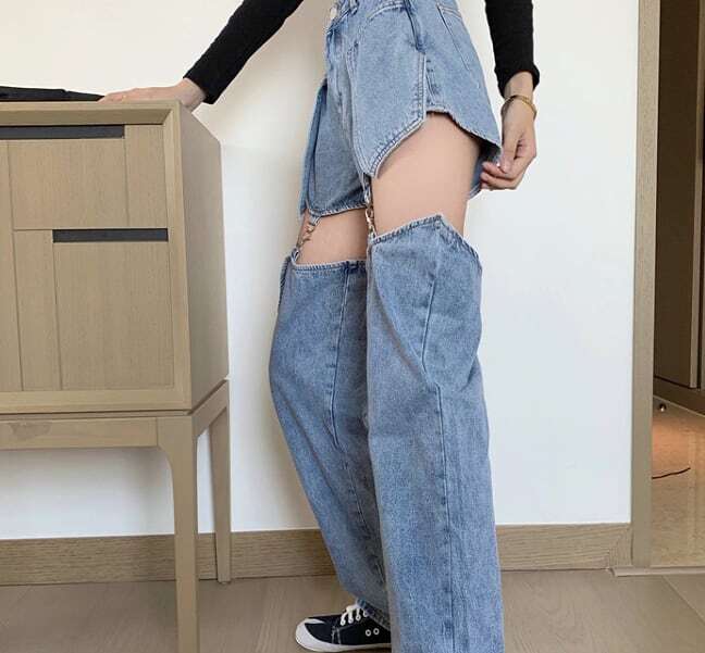 レディース ボトムス デニム ダメージ クラッシュ セパレート チェーン 変形 取り外し可能 肌見せ セクシー ハイウエスト 大人可愛い ママコーデ ママファッション 韓国系 オルチャン 人気 トレン レディース ボトムス デニム ダメージ クラッシュ セパレート チェーン 変形 取り外し可能 肌見せ セクシー ハイウエスト 大人可愛い ママコーデ ママファッション 韓国系 オルチャン 人気 トレン