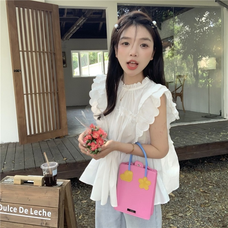 レディース トップス シャツ ブラウス フレア ティアード 袖なし ノースリーブ スタンドカラー Aライン フェミニン ふわふわ かわいい 大人可愛い 上品 おしゃれ レトロ ガーリー 主役級