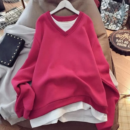 トップス トレーナー レギュラー丈 長袖 レギュラー袖 ラウンドネック 厚手 ベルベット フェイクツーピース ラフ メンズライク キュート ルーズ 個性的 抜け感 無地 ブラック ピンク ブルー