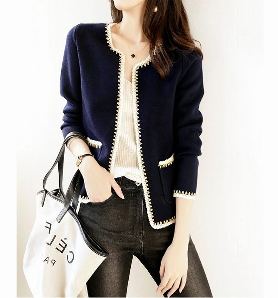 大安売りノーカラーカーディガン　ゴージャス　上品　長袖　ネイビー　パイピング　ほっそり効果大 20代30代40代50代　ミセス