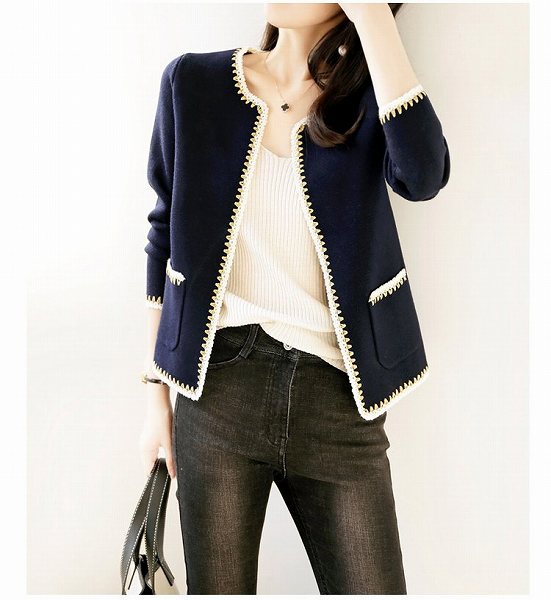 大安売りノーカラーカーディガン　ゴージャス　上品　長袖　ネイビー　パイピング　ほっそり効果大 20代30代40代50代　ミセス